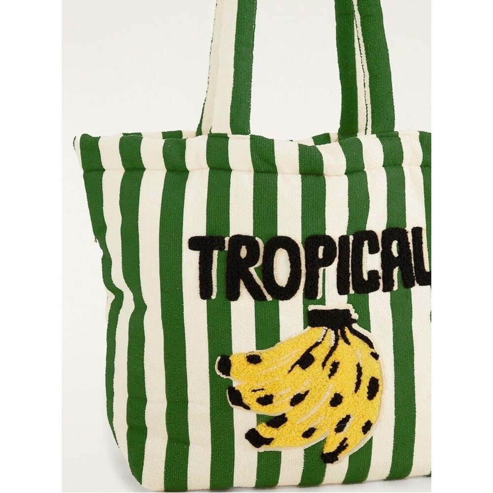 NEW Farm Rio Green Tropical Banana Embroidered Tote Bag Stripe 19" x 15" x 6"